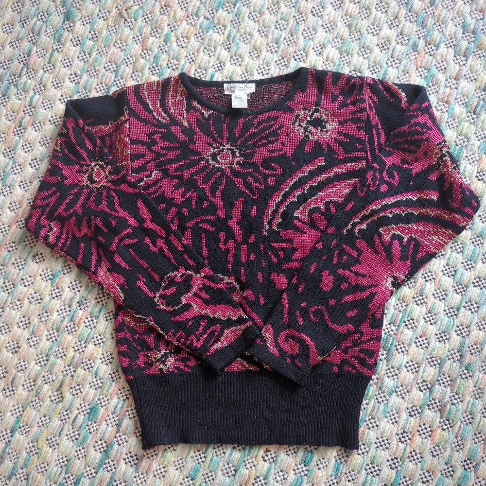 Rare! Vintage 80s Christian Dior Paisley Floral Intarsia Metallic Knit Sweater S - Picture 2 of 5